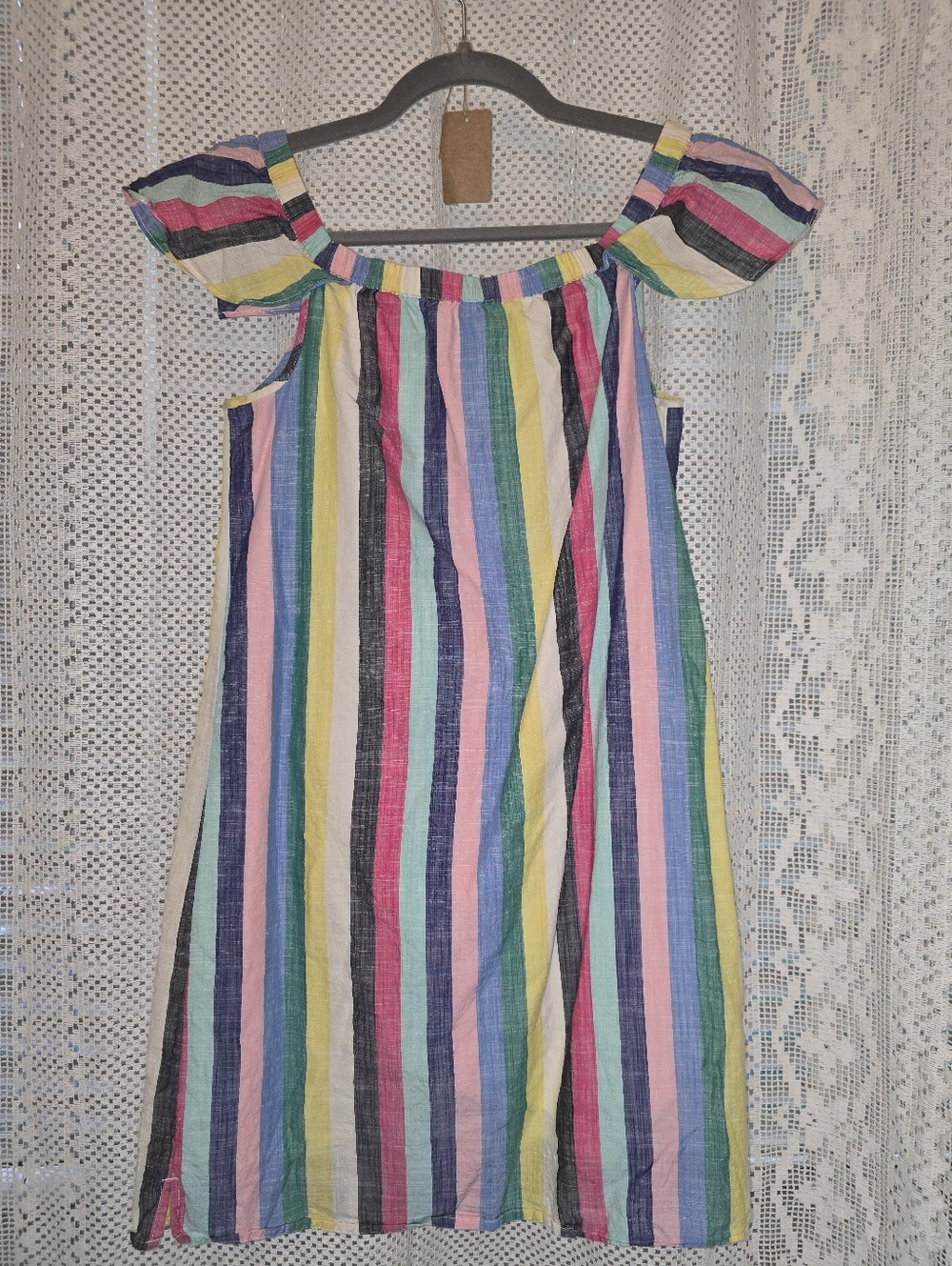 J Crew Rainbow Candy Striped Off The Shoulder Mini Dress. Womens 2